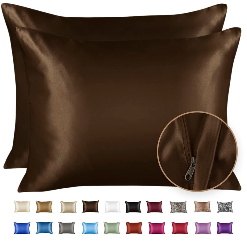 SHOPBEDDING ShopBedding Luxury Satin Pillowcase for Hair - Queen Satin Pillowcase with Zipper  Brown (Pillowcase Set of 2) - Blissford  - Image 2