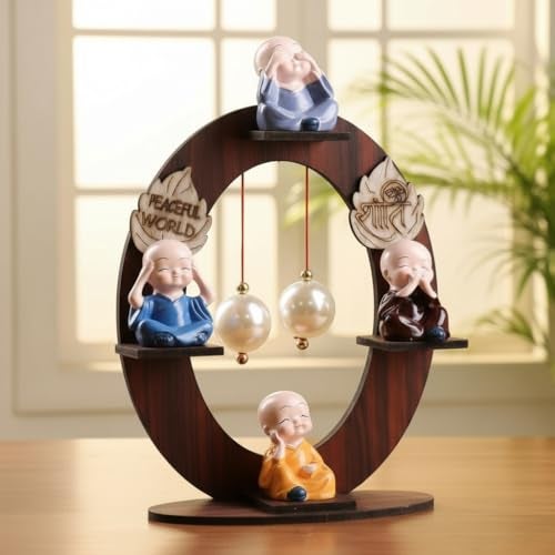 Floweraura Decorative Set of 4 Adorable Buddha Monks On Wooden Stand with Pearls for Peaceful Home Decor & Office Decor, Special Gifting, Ideal for Living Room, Meditation Spaces & Special Occasions - Image 2