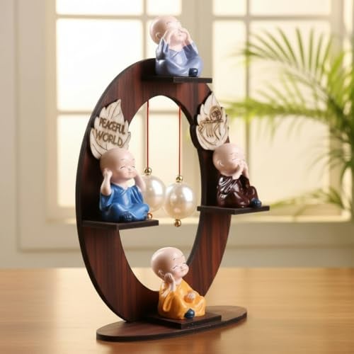 Floweraura Decorative Set of 4 Adorable Buddha Monks On Wooden Stand with Pearls for Peaceful Home Decor & Office Decor, Special Gifting, Ideal for Living Room, Meditation Spaces & Special Occasions - Image 3