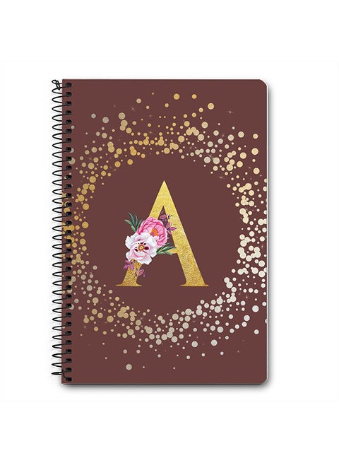 Designer A5 Spiral Notebook Memo Notepad Journal - Custom Monogram Initial Letter Floral Pattern Alphabet - A - Brown