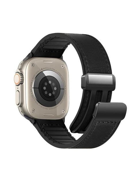 Magnetic Leather Watch Band for Apple Watch Ultra 49mm/45mm/44mm/42mm  Magnetic Buckle Genuine Leather Strap for Apple Watch Series Black