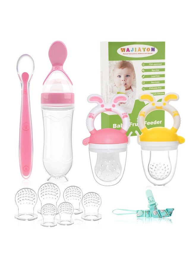 WAJIAYON Baby Fruit Feeder Pacifier - 5 Pack | 2 Baby Fruit Food Feeder Pacifier & 1 Baby Food Dispensing Spoon | Fresh Fruit Teethers for Babies | Silicone Feeder Baby,Mesh Baby Feeder (Pink&Yellow) - Image 1