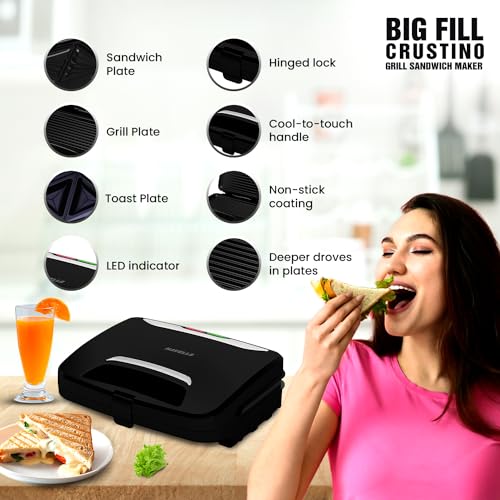 Havells Big Fill Crustino Grill Sandwitch Maker 900W With Food Grade Non Stick Grill Plates 2 Years Warranty - Image 2