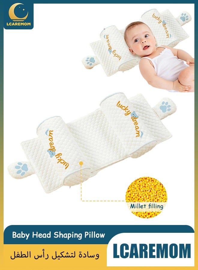 LCAREMOM Baby Head Shaping Pillow, Adjustable Distance, Millet Filling, Anti-Flat Head, Side Sleeping Design, Breathable and Washable, for Newborns and Infants, Blue Bear - Image 1
