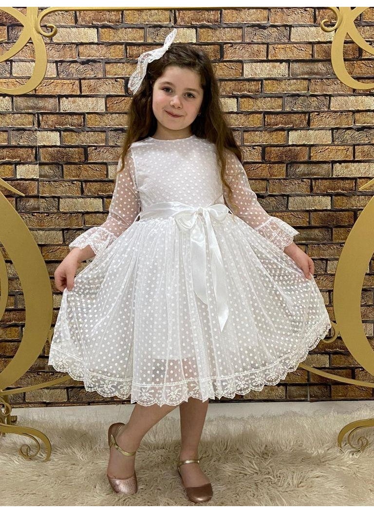 Masho Trend Lace White Mini Polka Dot Ribbon Tulle Dress - Tulle Evening Dress - Graduation 