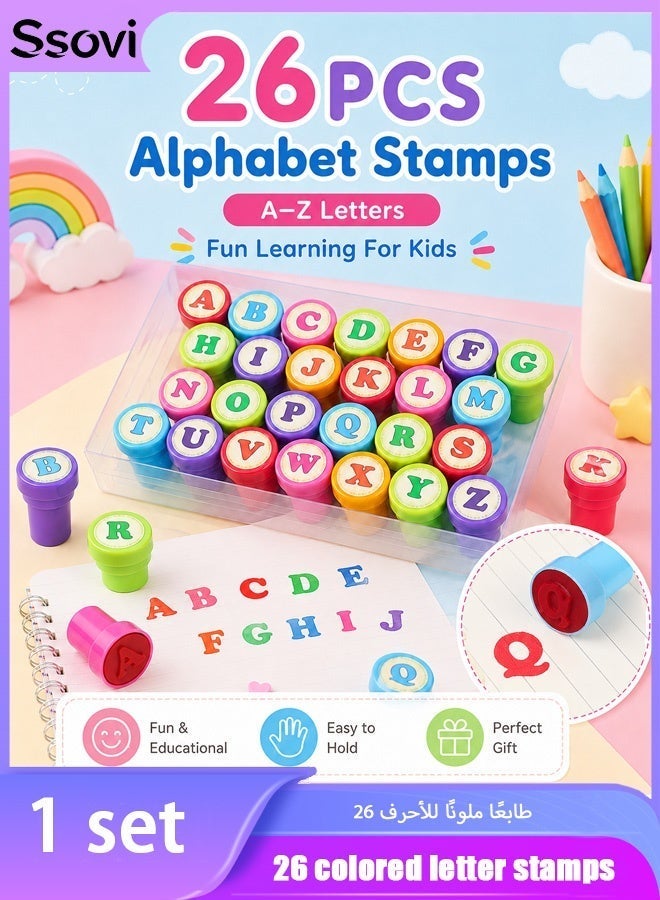 Ssovi 26-Piece Self-Inking Alphabet Stamps for Kids, Uppercase A-Z Letters, Washable Ink, Clear Storage Box, Multicolour - Image 1