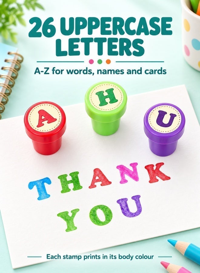 Ssovi 26-Piece Self-Inking Alphabet Stamps for Kids, Uppercase A-Z Letters, Washable Ink, Clear Storage Box, Multicolour - Image 4