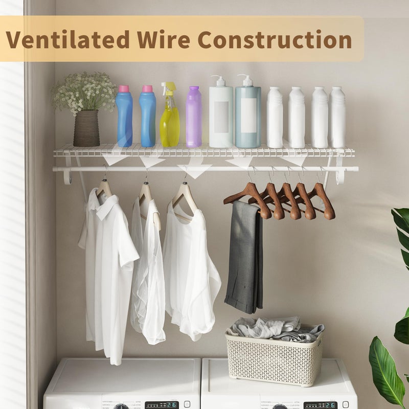PROWORX Closet Shelves Wall Mounted with Hanging Rod, 2 Pack 4 ft x 12 in White Wire Shelving Kit, Metal Wall Shelf Organizer for Home, Pantry, Laundry Room Storage - Image 4