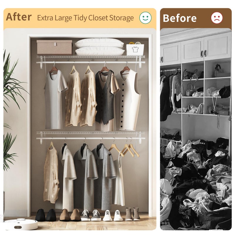 PROWORX Closet Shelves Wall Mounted with Hanging Rod, 2 Pack 4 ft x 12 in White Wire Shelving Kit, Metal Wall Shelf Organizer for Home, Pantry, Laundry Room Storage - Image 3