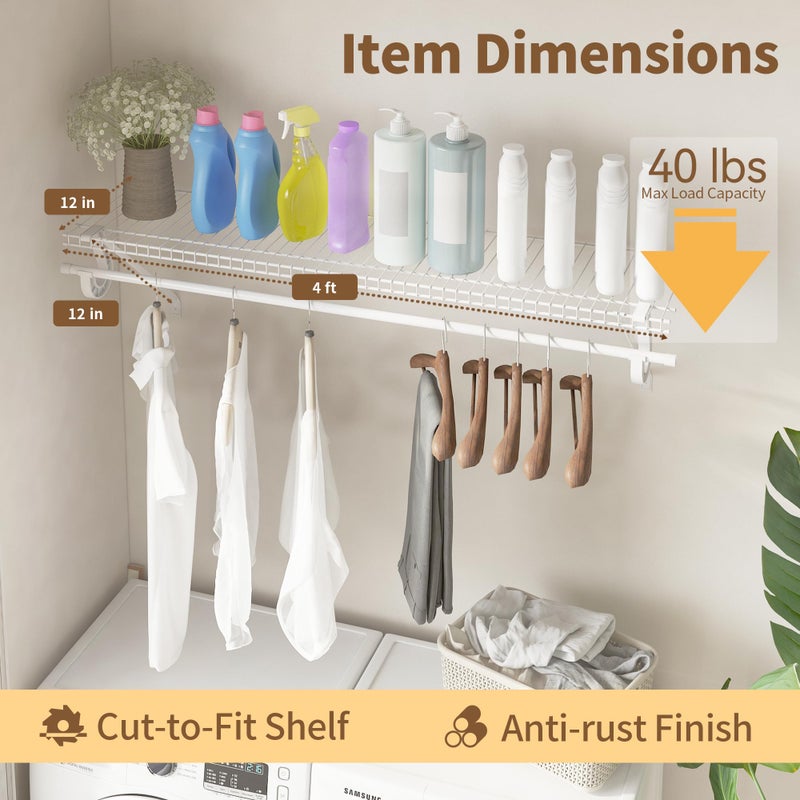 PROWORX Closet Shelves Wall Mounted with Hanging Rod, 2 Pack 4 ft x 12 in White Wire Shelving Kit, Metal Wall Shelf Organizer for Home, Pantry, Laundry Room Storage - Image 2