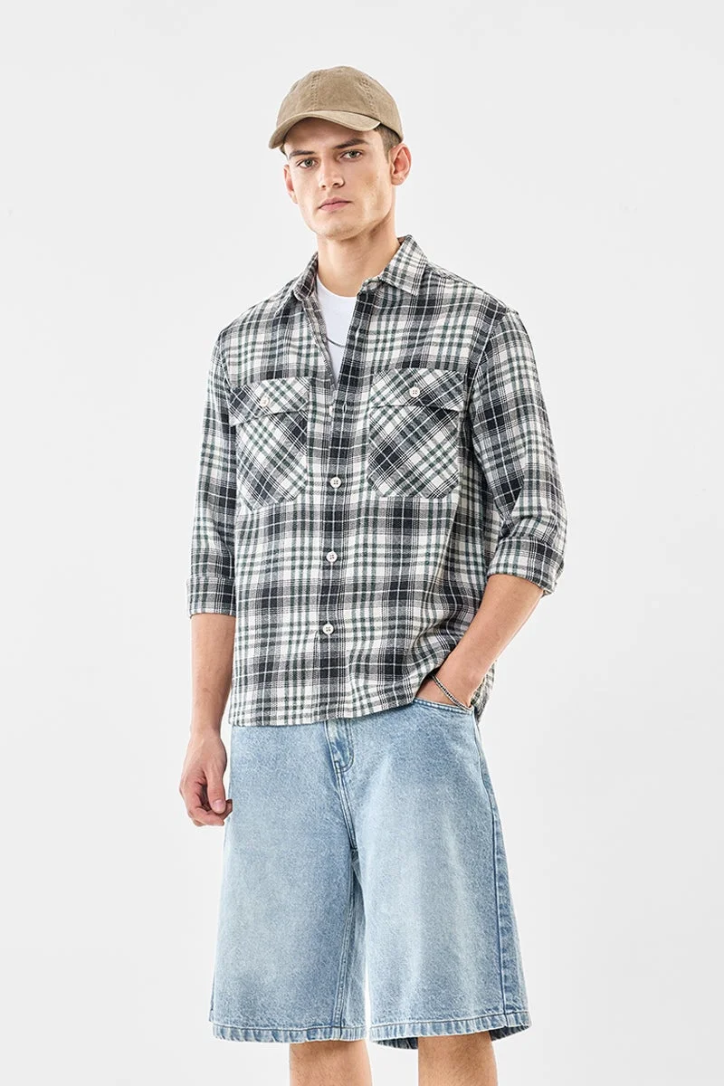 سنيتش Black Checkered Long Sleeve Relaxed Overshirt
