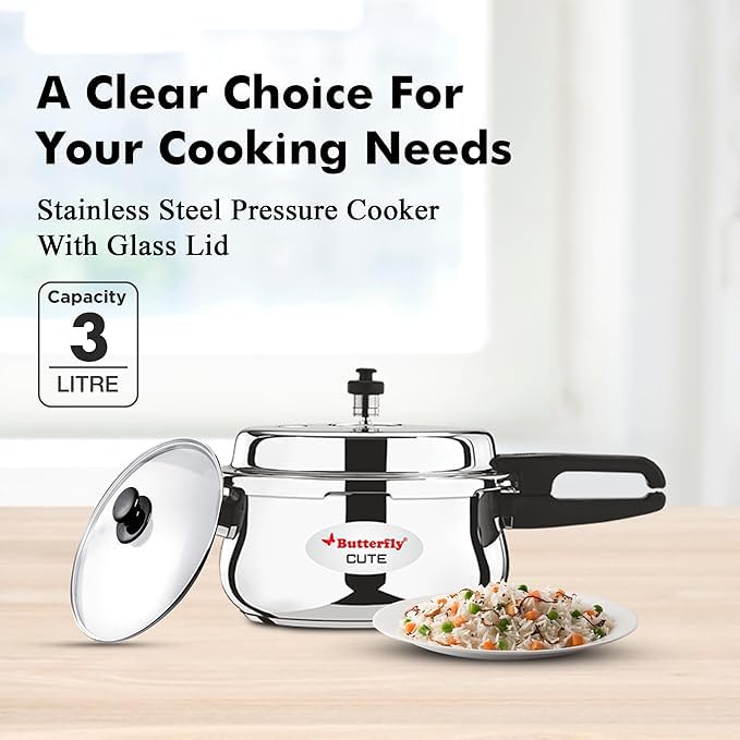 Butterfly Cute Ss Induction Compatible Outer Lid Stainless Steel Pressure Cooker With Glass Lid 3 liter, Silver - Image 2