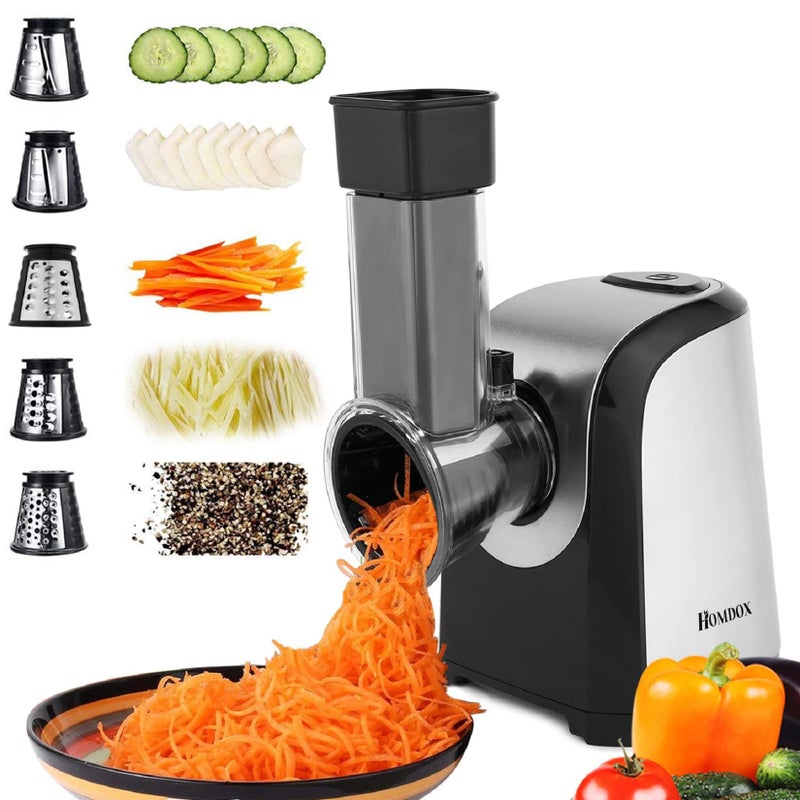 Homdox Electric Cheese Grater Professional Electric Slicer Shredder 150W Cheese GraterChopper Salad Maker Shredder for Home Kitchen Use with OneTouch Control 5 Free Attachments
