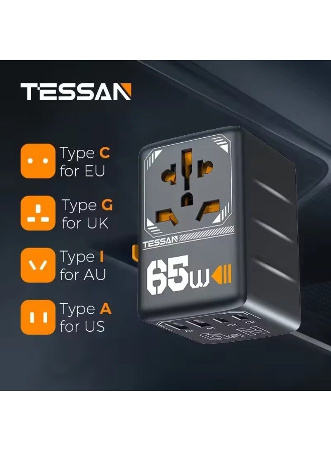 TESSAN 65W GaN International Plug Travel Adapter with USB Type C  Worldwide Universal Power Adapter EU/UK/US/AUS Plug - Image 1
