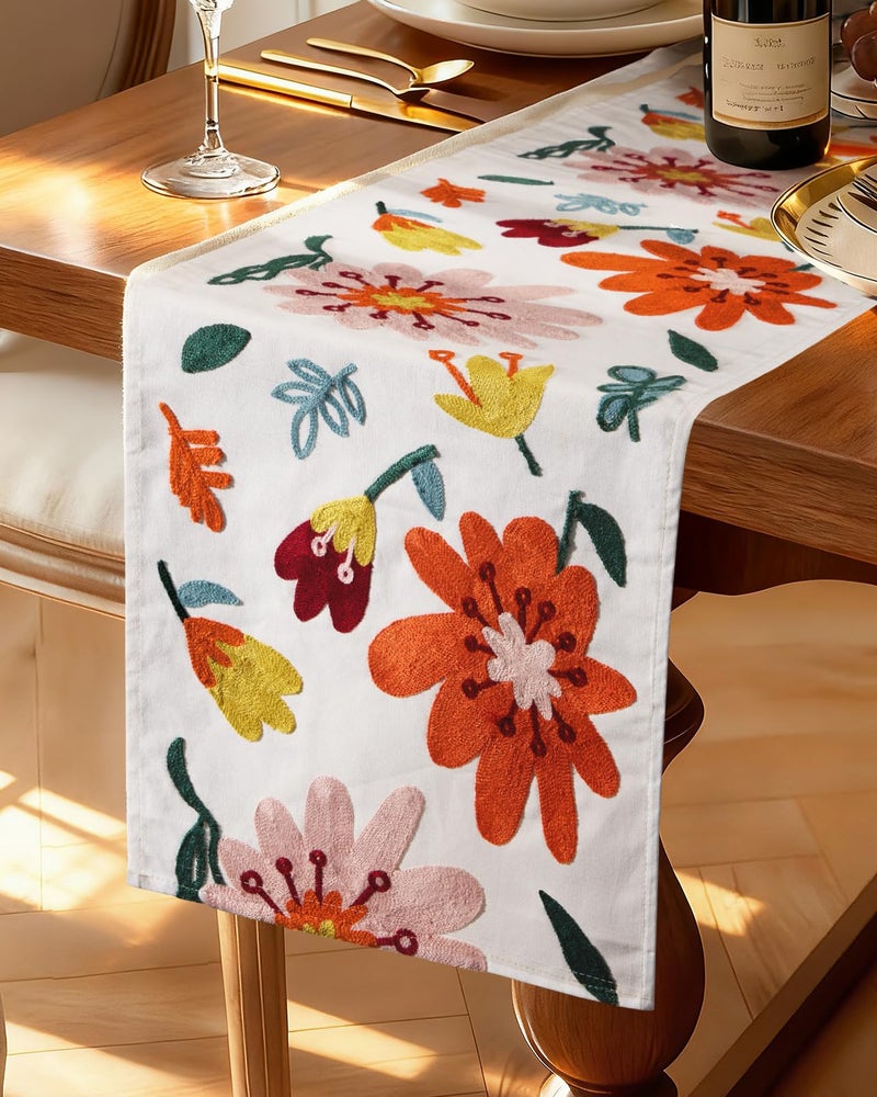 Kokaaee Canvas Embroidered Table Runner - 13x72 Inch Spring Floral Runner for Table Decor Boho Farmhouse Retro Kitchen Dining for Home Party Living Room Decor, Colorful Flowers - Image 1