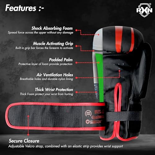 RXN R1 Boxing Gloves with Microfiber Thumb, Premium, High-Performance & Durable for Men, Women & Kids, Training, Kickboxing, Taekwondo, MMA, Muay Thai & Martial Arts (Black/Red, 8oz) - Image 5