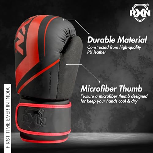 RXN R1 Boxing Gloves with Microfiber Thumb, Premium, High-Performance & Durable for Men, Women & Kids, Training, Kickboxing, Taekwondo, MMA, Muay Thai & Martial Arts (Black/Red, 8oz) - Image 4