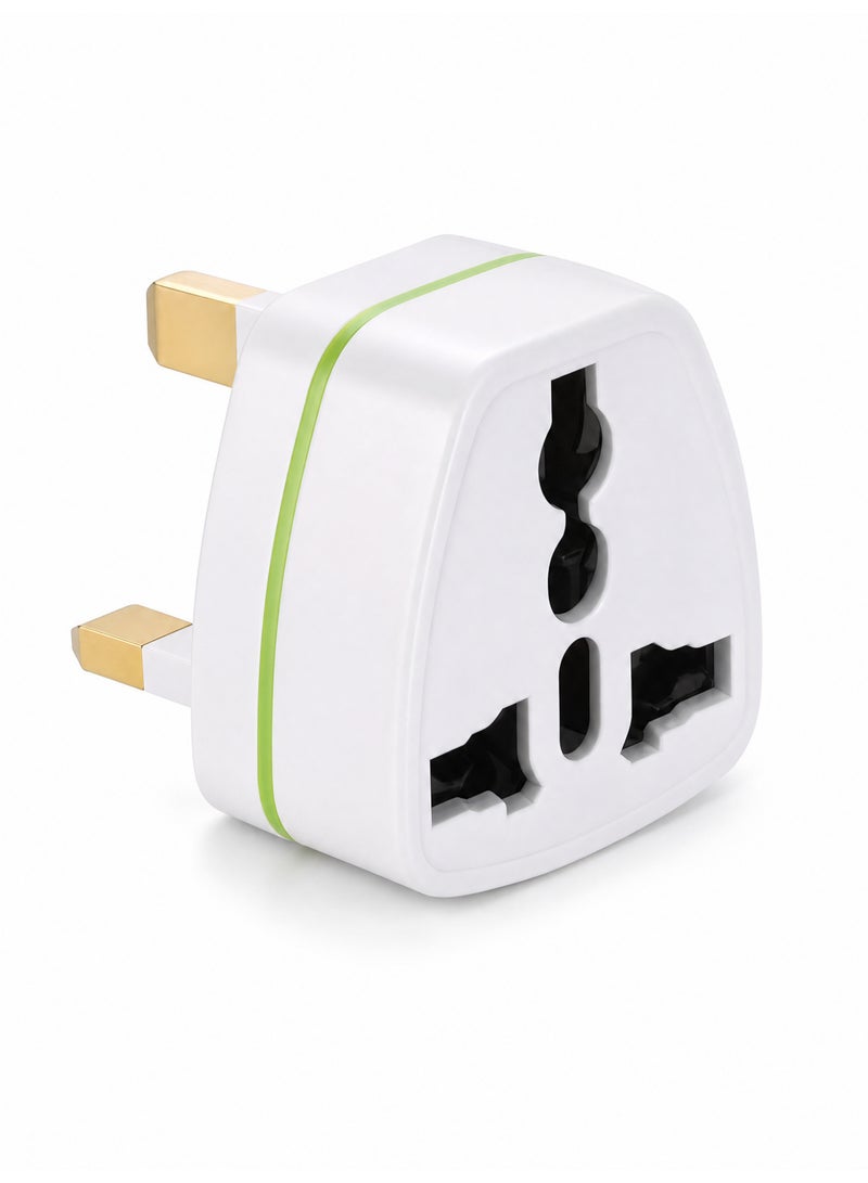 Universal Travel Adapter with UK 3-Pin Plug, Multi-Country Socket, 125-250V, 2500W, Grounded Safety Design – White - Image 1