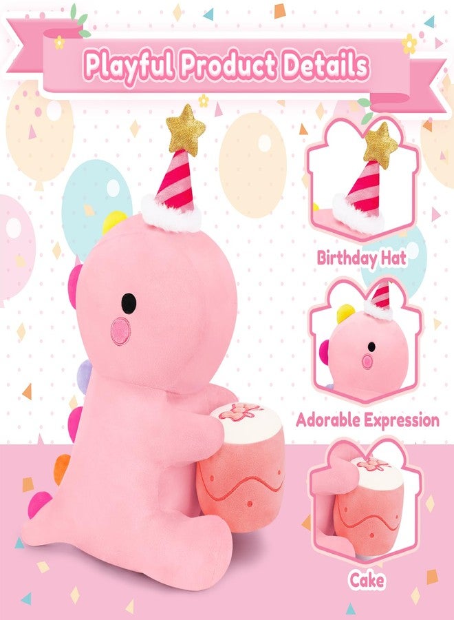 SQEQE دمية ديناصور محشوة من SQEQE، ألعاب ديناصور قطيفة لطيفة مع كعكة، هدية عيد ميلاد أو ذكرى زواج لها وللأولاد والأصدقاء (وردي، 12 بوصة) - Image 3
