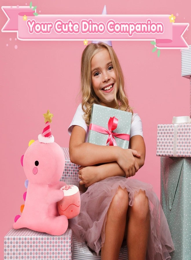 SQEQE دمية ديناصور محشوة من SQEQE، ألعاب ديناصور قطيفة لطيفة مع كعكة، هدية عيد ميلاد أو ذكرى زواج لها وللأولاد والأصدقاء (وردي، 12 بوصة) - Image 2