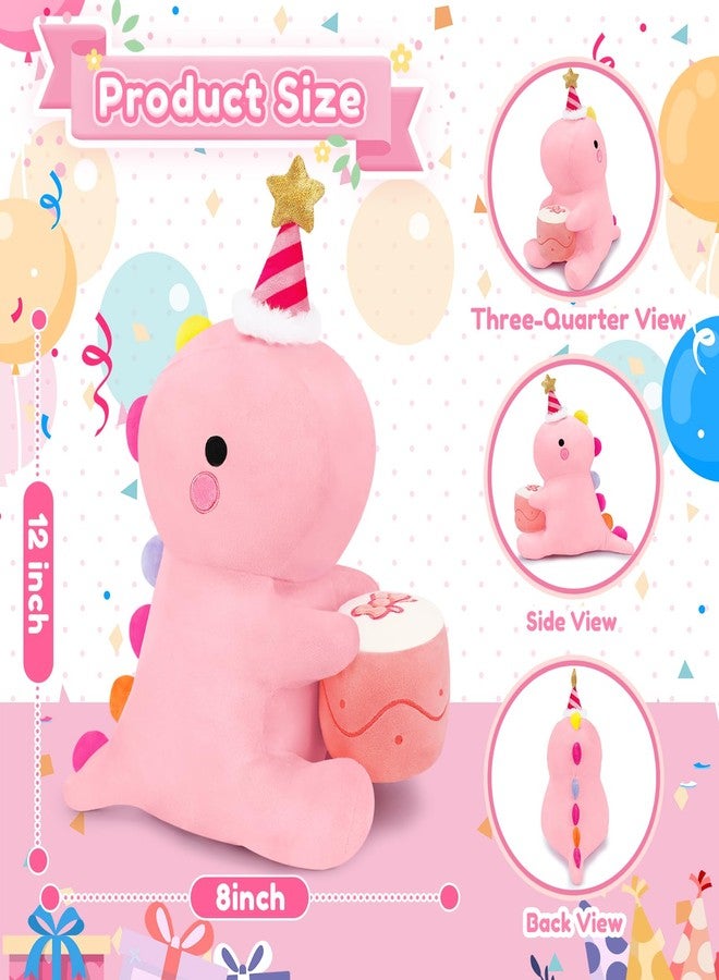 SQEQE دمية ديناصور محشوة من SQEQE، ألعاب ديناصور قطيفة لطيفة مع كعكة، هدية عيد ميلاد أو ذكرى زواج لها وللأولاد والأصدقاء (وردي، 12 بوصة) - Image 5
