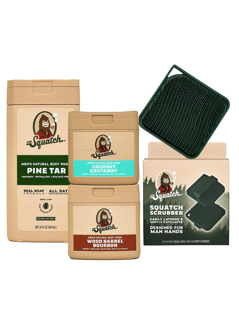 Dr. Squatch Dr Squatch NEW Natural Body Wash for Men  Exfoliating and NonExfoliating  Pine Tar 14 oz  Coconut Castaway  Wood Barrel Bourbon 8 oz 2 Pack  Body Scrubber 