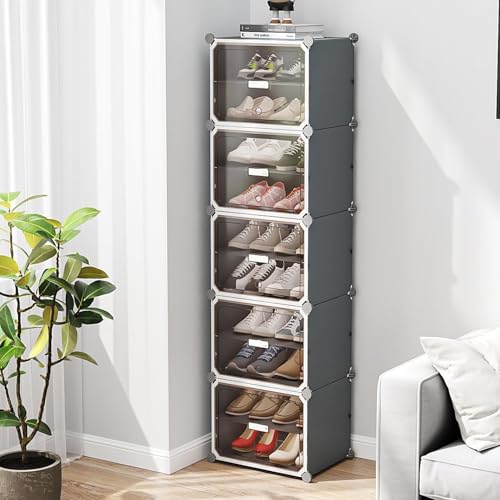 LUHI Premium Modular Plastic Shoe Rack for Home with Door | 10-Tier Stackable Shoe Organizer | Waterproof & Dustproof | Space Saving Storage for Home, Bedroom & Entryway [Grey HQ1, 10-Shelf-5-Door] - Image 1