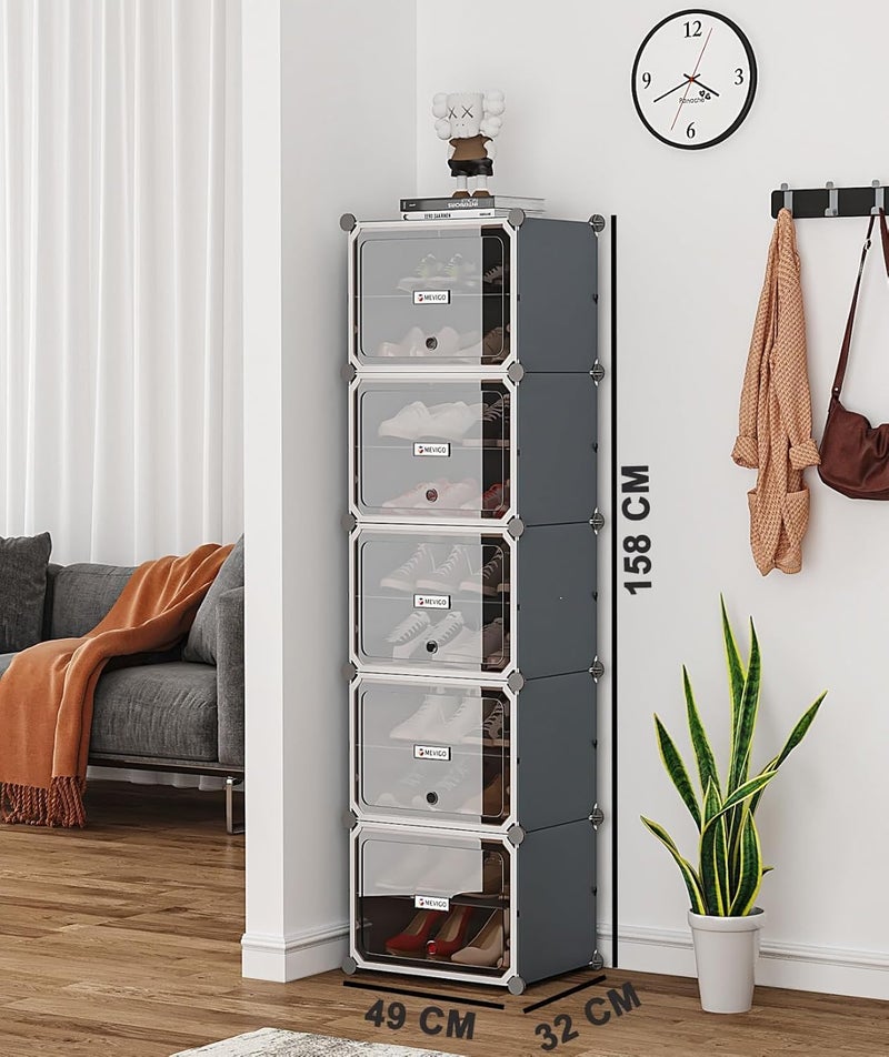 LUHI Premium Modular Plastic Shoe Rack for Home with Door | 10-Tier Stackable Shoe Organizer | Waterproof & Dustproof | Space Saving Storage for Home, Bedroom & Entryway [Grey HQ1, 10-Shelf-5-Door] - Image 2