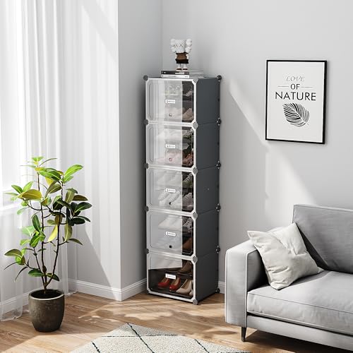 LUHI Premium Modular Plastic Shoe Rack for Home with Door | 10-Tier Stackable Shoe Organizer | Waterproof & Dustproof | Space Saving Storage for Home, Bedroom & Entryway [Grey HQ1, 10-Shelf-5-Door] - Image 3