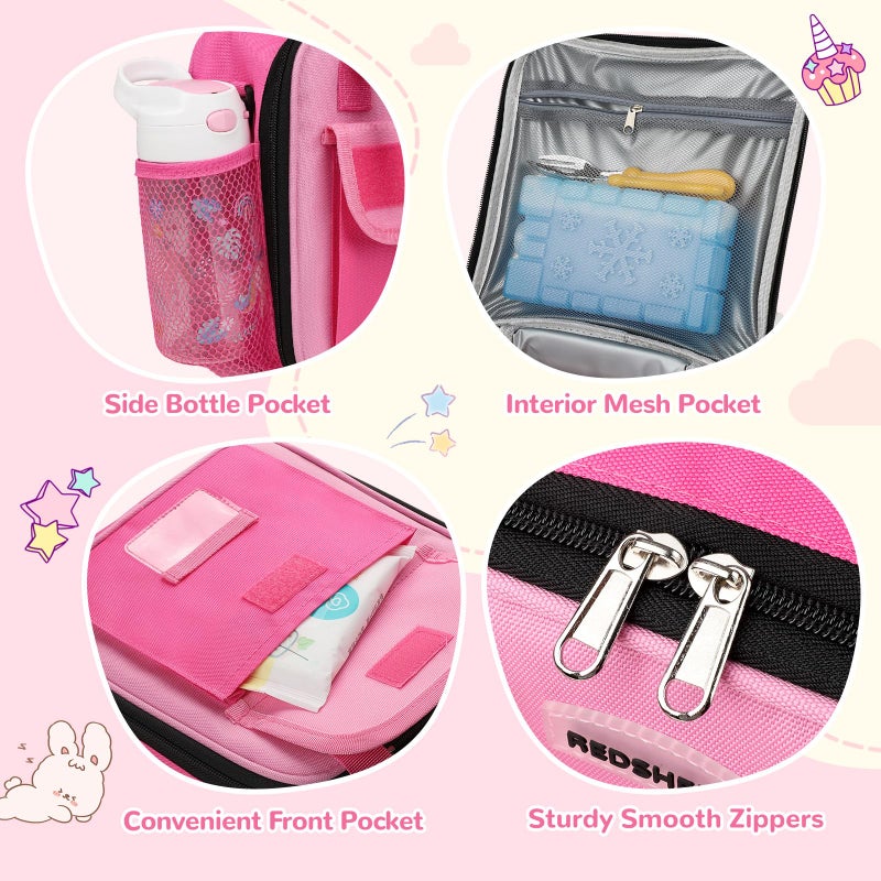 REDSHELL Tactical Lunch Box Kids, Large Insulated Lunch Bag for Girls, Cooler Lunchbag, Toddler Square Lunchbox, School Daycare Lunch Tote Pail with Water Bottle Holder Shoulder Strap, Rose Red - Image 5
