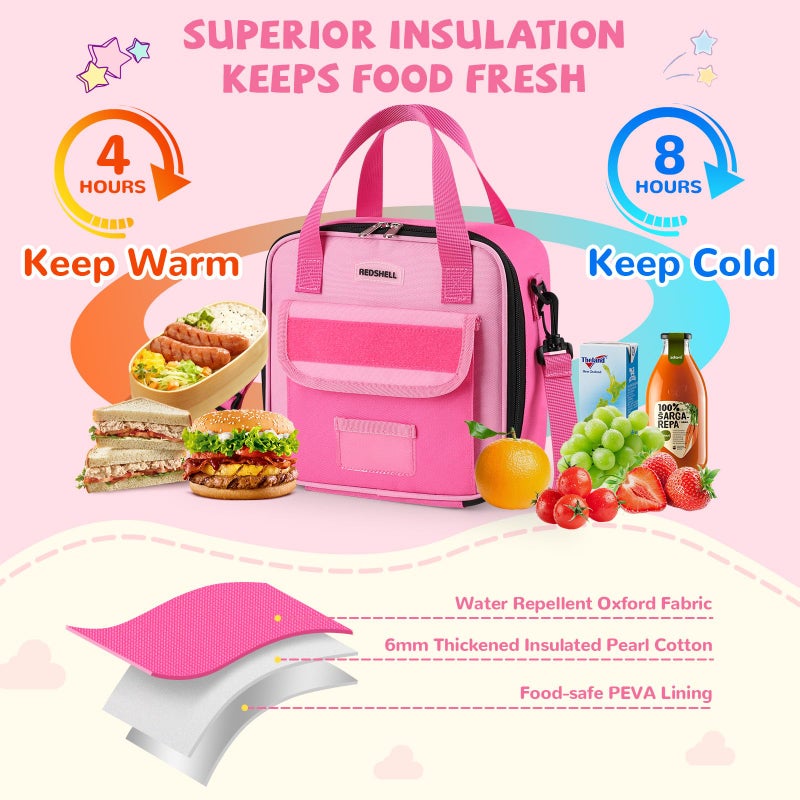 REDSHELL Tactical Lunch Box Kids, Large Insulated Lunch Bag for Girls, Cooler Lunchbag, Toddler Square Lunchbox, School Daycare Lunch Tote Pail with Water Bottle Holder Shoulder Strap, Rose Red - Image 4