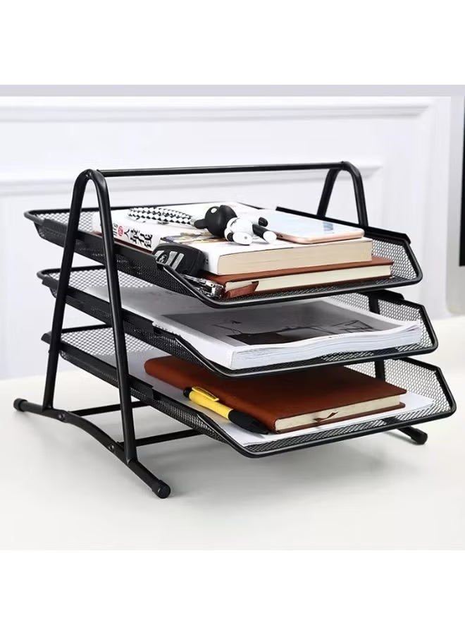 3-Tier Black A4 Drawer Office Document Organizer Tray File Folders Computer Desk Organizer Drawers Black Metal Mesh Rectangular - Image 2