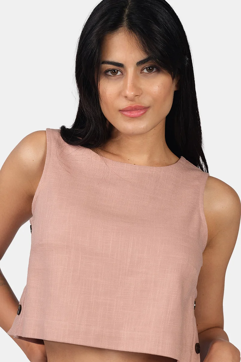 فيرجيو Solid Linen Boxy Fit Crop Top for Women