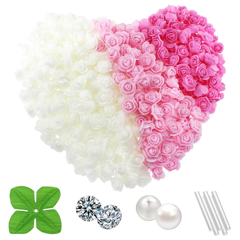 Vignor 500 Pcs 1.4 Inch Mini Artificial Flowers Head Bulk 5 in 1 Set Faux Foam Fake Small Rose Tiny Baby Flores Bouquet Cake Gift Home Decoration DIY Craft (Pink, Light Pink, White Mixed) - Image 1
