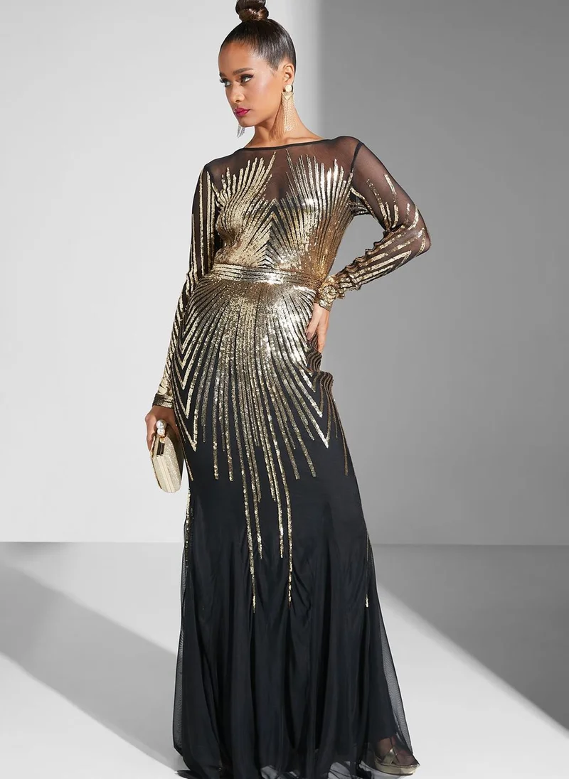 Goddiva Sunray Sequin Mesh Detail Dress