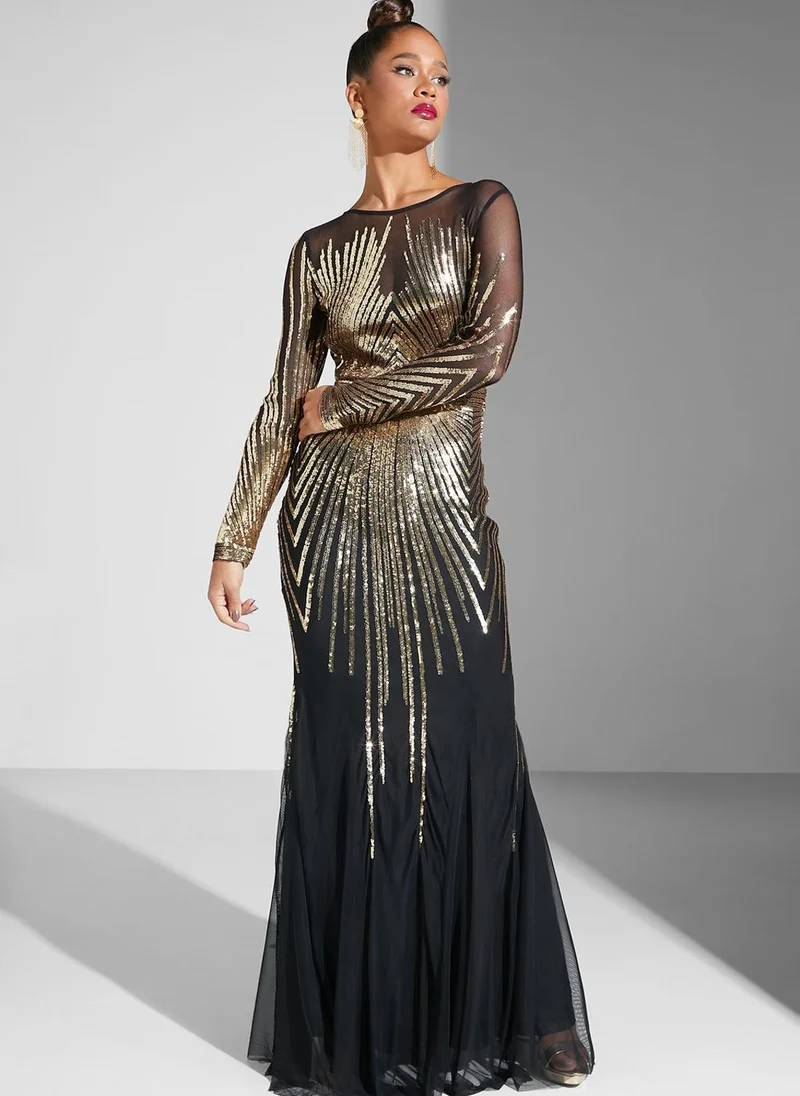 Goddiva Sunray Sequin Mesh Detail Dress