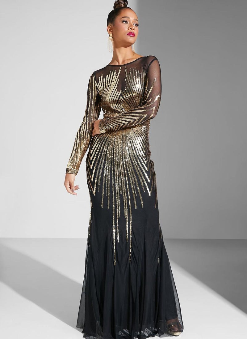 Goddiva - Sunray Sequin Mesh Detail Dress - Image 1