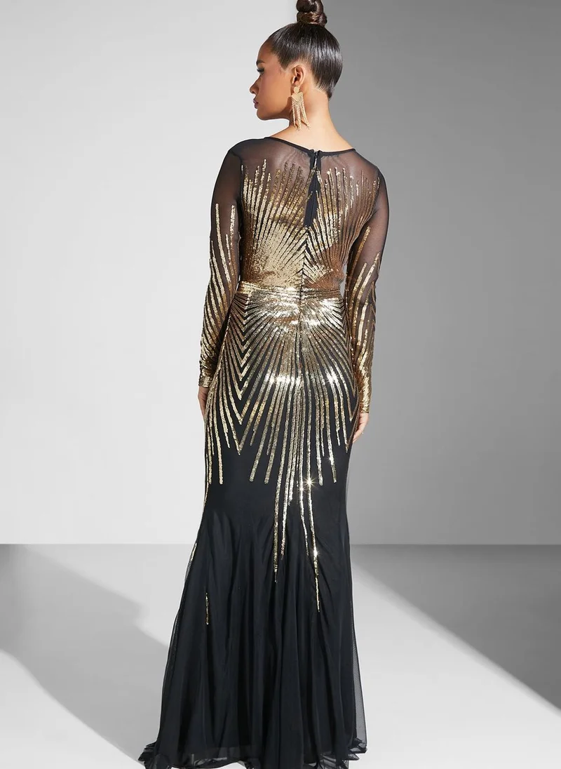 Goddiva Sunray Sequin Mesh Detail Dress