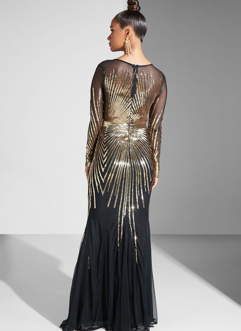 Goddiva - Sunray Sequin Mesh Detail Dress - Image 1