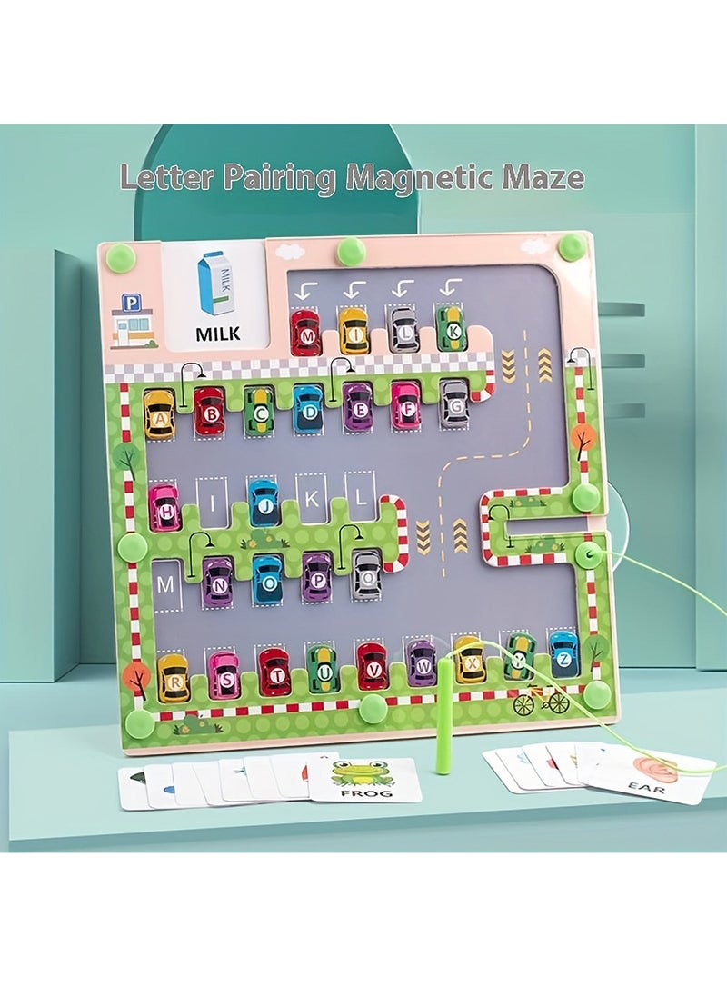 Montessori Alphabet Matching Magnetic Parking Lot Maze Game - Educational Toy For Early Learning, Hand-Eye Coordination & Letter Recognition Skills, Wooden Material - With 15 Word Cards