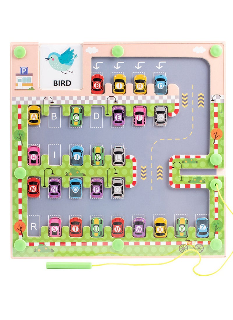 Montessori Alphabet Matching Magnetic Parking Lot Maze Game - Educational Toy For Early Learning, Hand-Eye Coordination & Letter Recognition Skills, Wooden Material - With 15 Word Cards