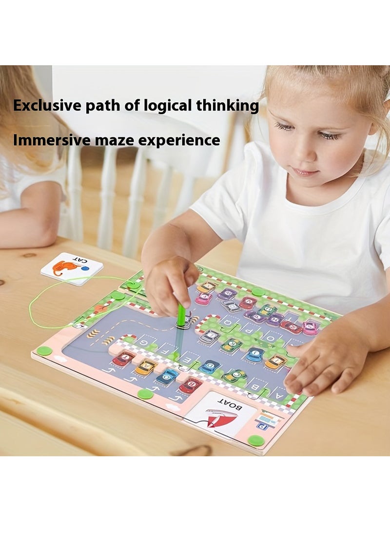 Montessori Alphabet Matching Magnetic Parking Lot Maze Game - Educational Toy For Early Learning, Hand-Eye Coordination & Letter Recognition Skills, Wooden Material - With 15 Word Cards