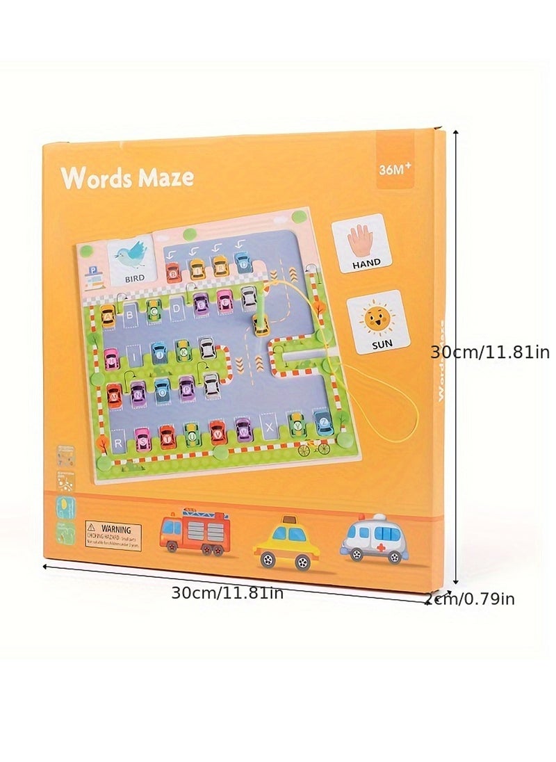 Montessori Alphabet Matching Magnetic Parking Lot Maze Game - Educational Toy For Early Learning, Hand-Eye Coordination & Letter Recognition Skills, Wooden Material - With 15 Word Cards