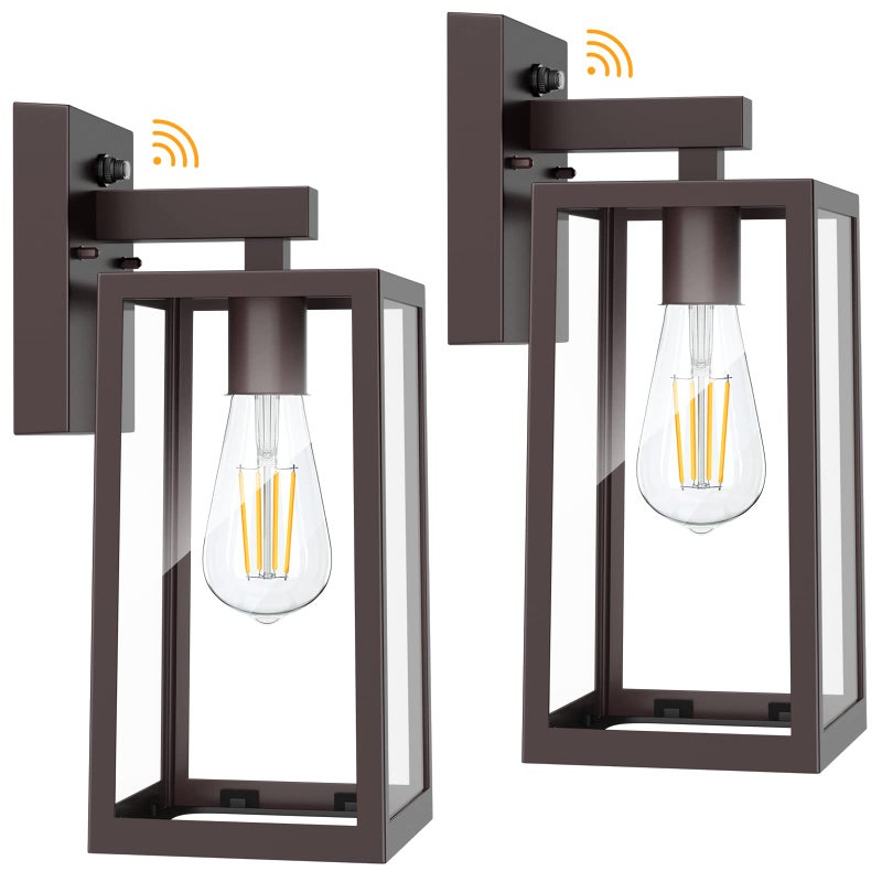 SHINE HAI Dusk to Dawn Outdoor Wall Lantern, Exterior Wall Sconce with E26 Base Socket, Anti-Rust Waterproof Light Fixture with Glass Shade for Garage, Doorway, 2 Pack (Dark Chocolate) - Image 1