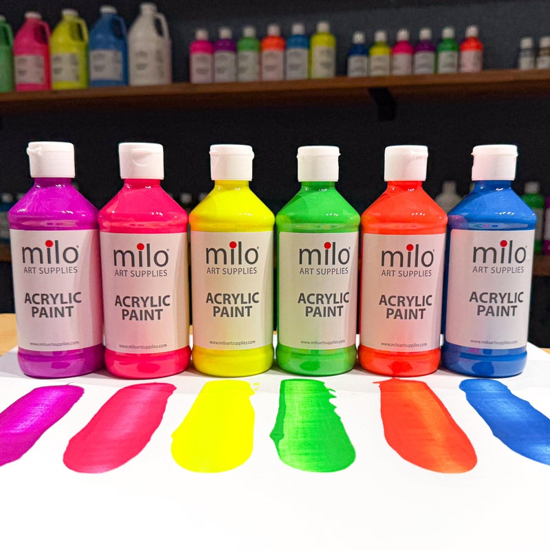milo Fluorescent Acrylic Paint Set of 6 Colors | 4 oz Bottles | Student Neon Colors Acrylics Painting Pack | Made in the USA | Non-Toxic Art & Craft Paints for Artists, Kids, & Hobby Painters - Image 5