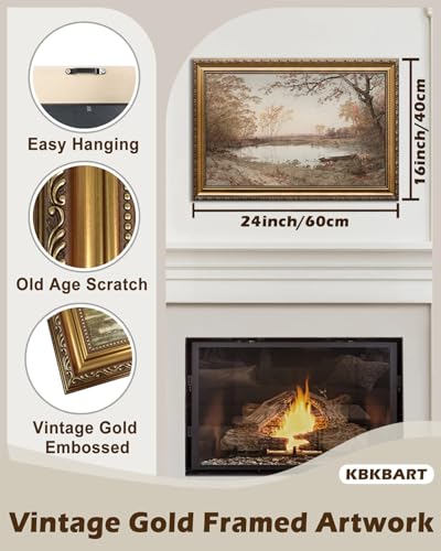 KBKBART Vintage Framed Wall Art for Living Room French Country Decor Retro Rivers Muted Autumn Pond Landscape Oil Painting Neutral Farmhouse Decor Gold Framed Canvas Print 16x 24 - Image 3