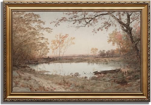 KBKBART Vintage Framed Wall Art for Living Room French Country Decor Retro Rivers Muted Autumn Pond Landscape Oil Painting Neutral Farmhouse Decor Gold Framed Canvas Print 16x 24 - Image 1