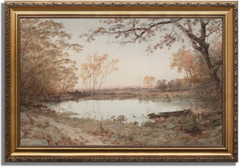 KBKBART Vintage Framed Wall Art for Living Room French Country Decor Retro Rivers Muted Autumn Pond Landscape Oil Painting Neutral Farmhouse Decor Gold Framed Canvas Print 16x 24 - Image 2