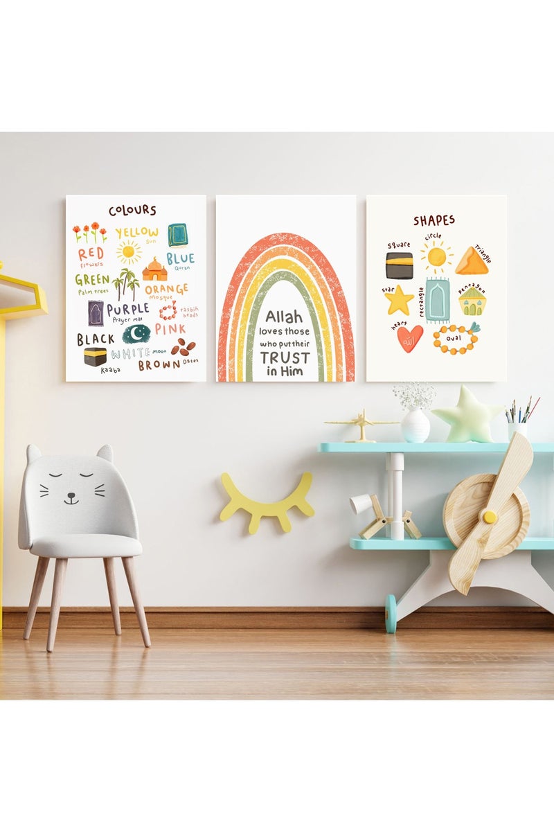 Tableau of three islamic quotes for kids room  - nursery room -shapes and colours