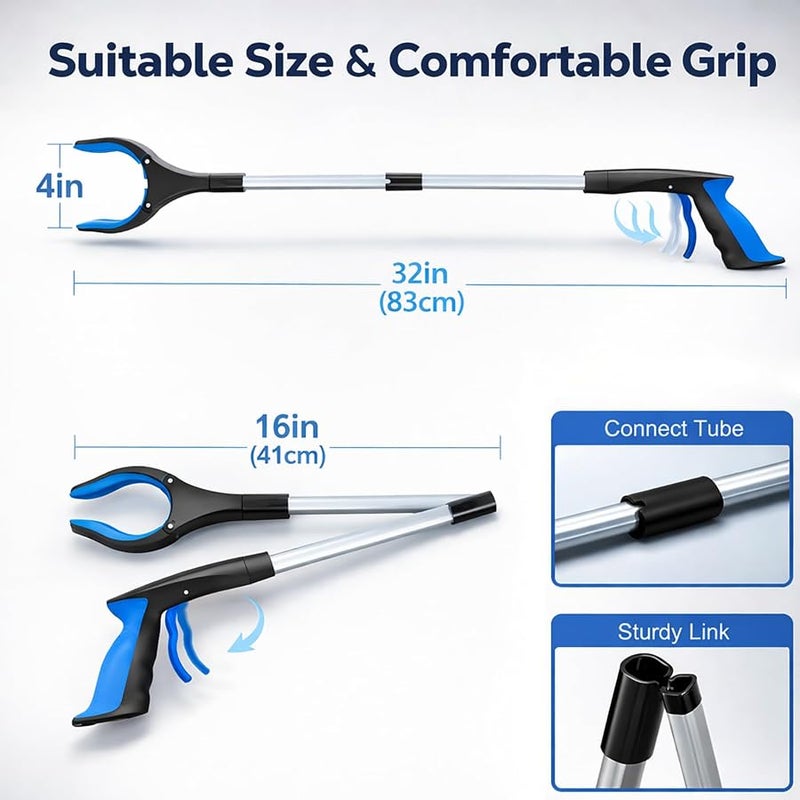 POPDA Grabber Reacher Tool - 32” Extra Long Foldable Gripper and Reaching Tool - Heavy Duty Pick Up Stick Grabbers for Seniors, Trash, Surgery Recovery Must Haves Gifts (Blue) - Image 2